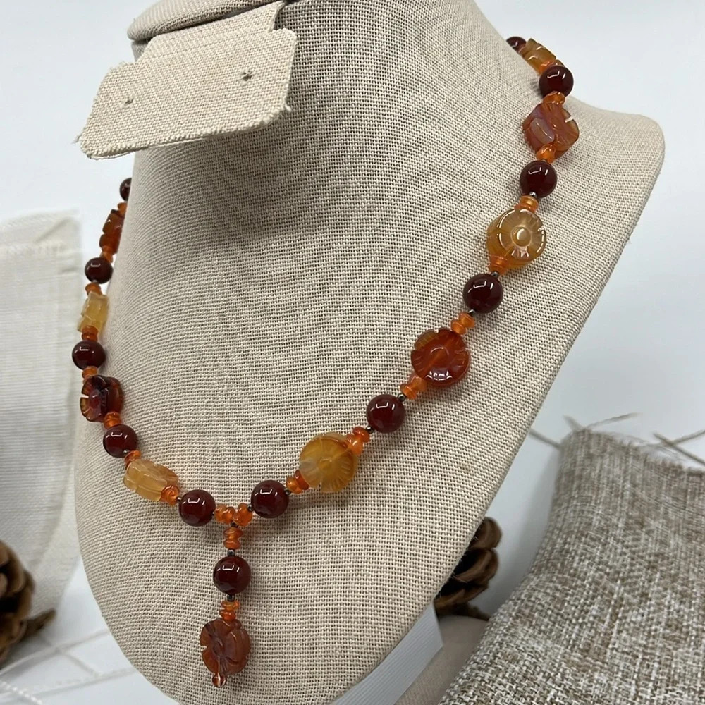 Vintage Amber & Red Jasper Flower Bead Necklace - 925 Silver, Adjustable 16-20" - Picture 5 of 11